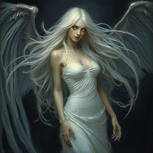 This image depicts a striking, computer-generated or AI-generated fantasy character of a young woman with long, flowing white hair that cascades down to her waist. Her hair is parted in the middle, framing her face, and she has piercing, glowing orange eyes that add a mystical aura to her appearance. She is dressed in a form-fitting, sleeveless white dress that accentuates her curvaceous figure, with the fabric gathered at her chest and flowing down to her ankles. Her arms are bare, and her long, slender fingers are adorned with silver nail polish. She has large, majestic white wings extending from her back, with intricate feather details and a hint of gray at the tips. The background is a dark gray, almost black, which contrasts sharply with her ethereal presence. The overall composition and the character's detailed features suggest a blend of fantasy and possibly supernatural elements, making her appear as though she belongs in a world of magic and wonder.