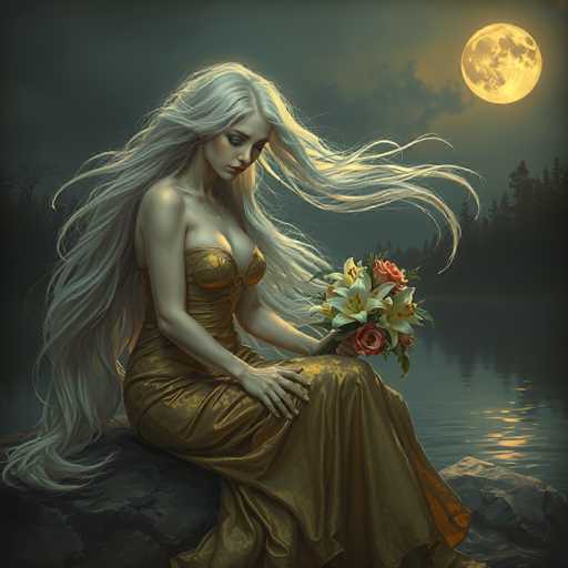The image depicts a striking, computer-generated scene of a woman with long, flowing white hair cascading down to her waist. She is seated on a large, dark gray rock by the edge of a serene lake, her body facing the water while her head is turned to the right, gazing downward. The woman is adorned in a golden dress that complements her fair skin and delicate features, including a small nose and thin lips. In her hands, she holds a vibrant bouquet of flowers, featuring red roses and white lilies with yellow centers. The background is a dark, nighttime setting with a cloudy sky, illuminated by a large, glowing yellow moon in the upper right corner. The moonlight casts a soft glow on the woman's hair and dress, enhancing the ethereal atmosphere. The lake reflects the moonlight, creating a shimmering effect, and the silhouettes of trees can be seen in the distance, adding depth to the scene.