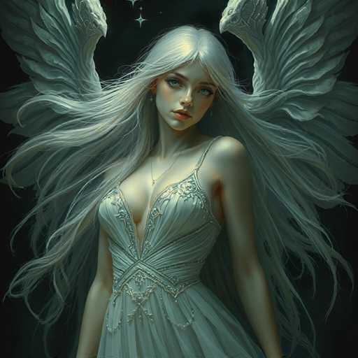 This image portrays a young woman with long, flowing white hair that cascades down to her waist. She has striking blue eyes and is adorned with a delicate necklace. Her attire is a white dress featuring intricate gold embroidery, which adds a touch of elegance to her appearance. The dress has thin straps and a deep V-neckline that reveals a hint of cleavage. 

In the background, there are two majestic white wings, each with a head at the top, creating a surreal and ethereal atmosphere. The woman's hair appears to be gently blowing in the wind, adding to the dynamic feel of the image. She is gazing directly at the viewer, her expression serene and captivating. The overall composition is both enchanting and mysterious, blending elements of fantasy and realism.