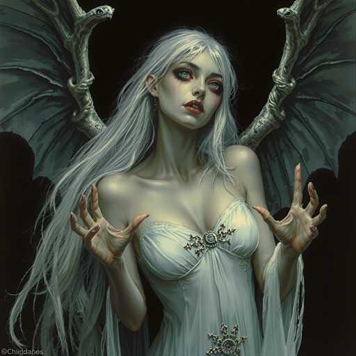 A woman with long white hair and pale skin is depicted wearing a white dress adorned with gold accents and a large flower on her shoulder. The background is dark and features the wings of a winged creature or a winged figure, suggesting an ethereal or fantastical setting.