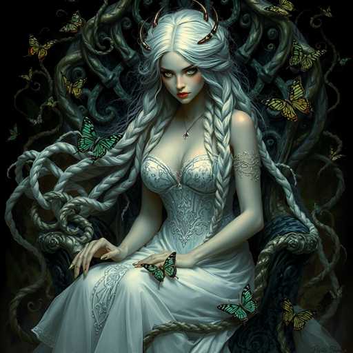 The image depicts a woman with long blonde hair and blue eyes seated on a chair surrounded by butterflies. The butterfly's wings are spread out behind her, creating an ethereal atmosphere. The background is dark, providing a stark contrast to the vibrant colors of the woman and the butterflies.