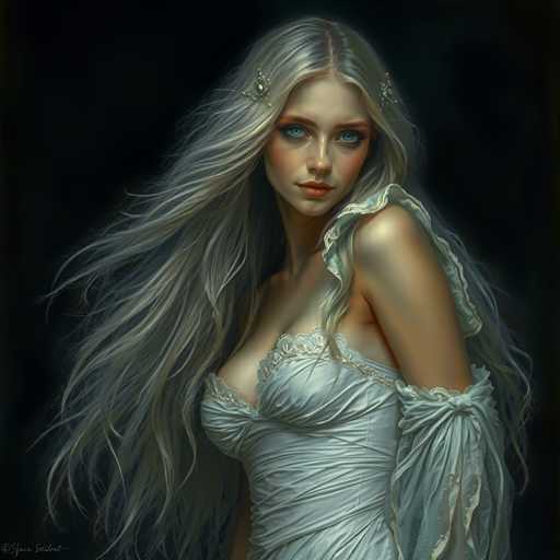 A woman with blonde hair and blue eyes is standing against a black background. She is wearing a white dress that has lace detailing on the bodice and skirt. The woman's gaze is directed off to the side, and she appears to be in a state of contemplation or deep thought.