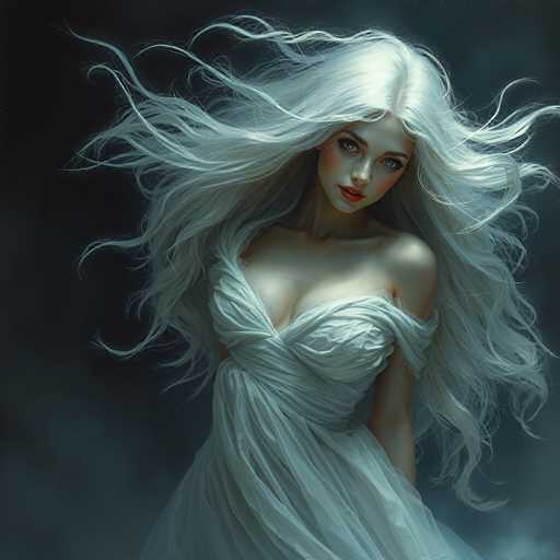 This image portrays a striking, computer-generated portrait of a young woman with long, flowing white hair that appears to be blowing in the wind. Her hair is parted in the middle, cascading down to her waist and framing her face. She has a pale complexion with a hint of pink on her cheeks, and her lips are painted a vivid red. Her eyes are a captivating blue, and she wears a subtle, yet noticeable, expression of makeup. She is dressed in a white, low-cut dress that wraps around her chest and extends down to her waist, with one strap hanging off her left shoulder. The background is a dark, smoky gray, adding to the ethereal and somewhat mysterious atmosphere of the image. The overall composition is square, with the woman's head positioned at the top and her body extending down to the bottom of the frame.