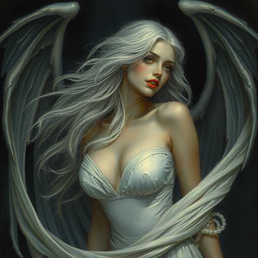 A woman with long blonde hair and a white dress is depicted against a black background. She has her arms wrapped around herself, creating an ethereal appearance. The image does not contain any discernible text or other objects, making it a simple yet striking portrait of the woman in a white dress.