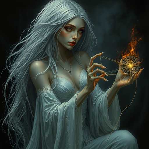 The image depicts a striking, computer-generated fantasy woman with long, flowing white hair that cascades down to her waist. She is seated, facing the camera, with her left knee raised and her right arm resting on it. Her attire is a sheer, white dress with a bustier top and long sleeves that drape elegantly over her arms. The dress features intricate lace details around the shoulders and sleeves, adding to its ethereal appearance.

Her complexion is pale, almost ghostly, with a bluish tint, and she has a distinctly angular face. Her eyes are a mesmerizing greenish-blue, framed by thick black eyebrows and heavy eye makeup. Her lips are painted a vivid red, contrasting sharply with her pale skin. Around her neck, she wears a silver necklace with a pendant that resembles a small animal.

In her hands, she holds a glowing, golden orb that emits flames, creating a mesmerizing focal point. The flames dance around the orb, which is surrounded by a spiderweb-like pattern of golden strings. She appears to be manipulating these strings, pulling them taut with her right hand while her left hand cradles the fiery orb. The background is a dark, smoky gray, which enhances the mystical and otherworldly atmosphere of the scene.