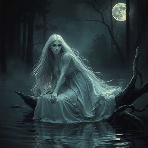 A woman with long blonde hair is sitting on a tree branch in the middle of a dark forest at night. She is wearing a white dress and has tattoos on her arms. The background features a full moon and trees that cast shadows onto the water below.