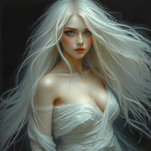 This image features a striking, computer-generated portrayal of a young woman with long, flowing white hair that cascades down to her waist. She has a fair complexion, accentuated by a touch of blush on her cheeks and vibrant red lipstick. Her large, expressive green eyes are framed by dark eyebrows, and her face is slightly tilted to the right, gazing directly at the viewer. She is adorned in a white dress that wraps around her neck and chest, with a delicate lace band encircling her upper arm. The dress appears to be made of a flowing, gauzy material, adding to the ethereal quality of the image. The background is a solid black, which contrasts sharply with her white attire and hair, making her stand out prominently. The overall composition and intricate details suggest that this is a digital artwork, possibly created using AI techniques.