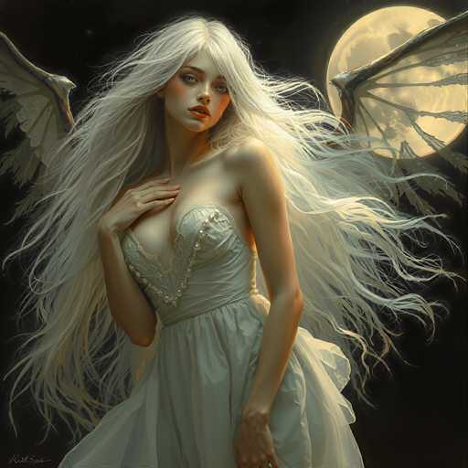 This image is a detailed, computer-generated illustration of a young woman with long, flowing white hair that appears to be blowing in the wind. She has striking blue eyes, red lips, and a fair complexion. Her attire is a strapless, low-cut white dress adorned with intricate beading and jewels, which adds a touch of elegance to her ethereal appearance. The dress features a deep V-neckline and a voluminous skirt that flares out around her. 

Her right hand is raised to her chest, while her left arm hangs gracefully by her side. She possesses a pair of large, white wings that extend from her back, with the feathers appearing wispy and delicate. The background is a dark, almost black sky, which contrasts sharply with the luminous moon positioned in the upper right corner. The moon is partially obscured by her wings, adding a mystical element to the scene. 

The overall composition of the image exudes a sense of otherworldly beauty and tranquility, with the woman's serene expression and the gentle movement of her hair and dress enhancing the dreamlike quality of the artwork.