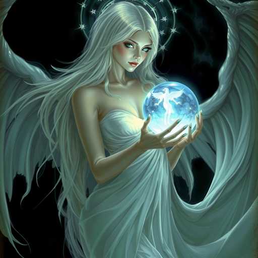 A woman with long blonde hair and blue eyes is holding a crystal ball that contains a white angel figure inside of it. The background is dark and out of focus, drawing attention to the woman and her crystal ball.