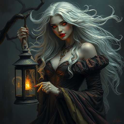 This image is a detailed digital illustration of a young woman with long, flowing white hair that appears to be blowing in the wind. She has striking red eyes and bright red lips, and she is adorned with a large, ornate necklace featuring a prominent blue gemstone. The woman is dressed in a dark, gothic-style gown with a deep V-neck, and the dress has puffy sleeves that are off her shoulders, revealing her bare shoulders. Her right hand holds a black metal lantern with a candle inside, which she points towards the viewer with her left hand. The background is a dark gray, and a bare tree branch extends from the left side of the image, adding to the eerie atmosphere. The overall style of the illustration is reminiscent of a fantasy or horror genre, with the woman's intense gaze and the glowing eyes contributing to a mysterious and somewhat sinister mood.