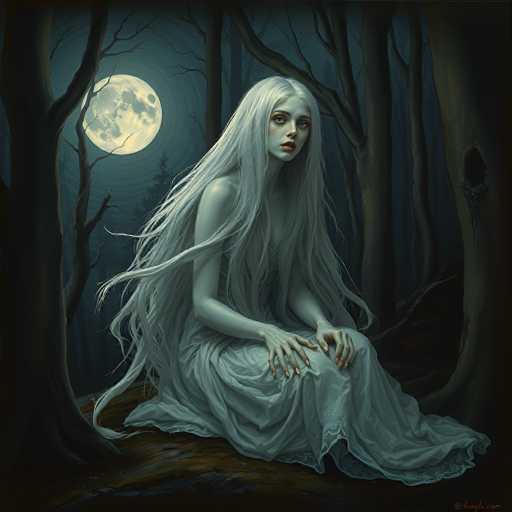 The image depicts a hauntingly beautiful woman with long, flowing white hair that cascades down to her waist, almost blending into the dark, shadowy forest around her. She is seated on the ground, her pale, almost ethereal skin glowing softly in the moonlight that filters through the barren trees. Her dress, a sheer white gown, drapes elegantly over her slender frame, adding to her ghostly appearance. Her eyes are a mesmerizing shade of blue, and her lips are painted a striking red, providing a stark contrast to her pale complexion. Her long, white fingernails add an otherworldly touch to her delicate hands. The scene is set at night, with the moon casting a silvery glow that enhances the eerie atmosphere. The woman's gaze is directed slightly to the right, as if she is lost in thought or watching something unseen. The overall composition of the image evokes a sense of mystery and melancholy, reminiscent of a scene from a gothic novel or a dark fantasy.