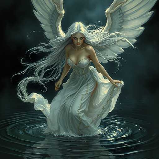The image depicts a striking, computer-generated fantasy character of a woman with long, flowing white hair and large, majestic white wings. She is dressed in a revealing, low-cut white gown adorned with intricate gold embroidery, which includes a corset-like bodice and a flowing skirt. The character stands in a dark, rippling body of water, her reflection shimmering beneath her. Her expression is intense, with dark eyes and red lipstick, as she gazes directly at the viewer. The background is a deep, dark blue, enhancing the ethereal and mysterious atmosphere of the scene.