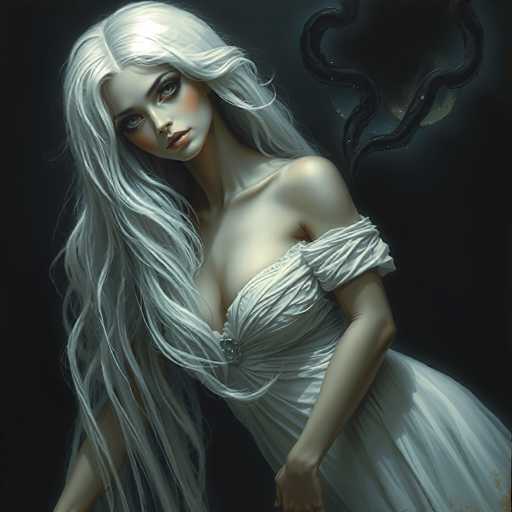 The image portrays a striking, computer-generated or AI-generated woman with long, flowing white hair that cascades down to her waist. She has a very pale complexion, accentuated by heavy makeup, including dark black eyeliner, blue eyeshadow, and pink blush on her cheeks. Her lips are painted a vivid red, and she has a slight, enigmatic smile. She is dressed in a white, off-the-shoulder dress that reveals her bare shoulders and upper chest, with a single strap over her left shoulder. The dress features a large, ornate brooch at the center of her chest. The background is predominantly black, with a faint, pale moon and two intertwined, snake-like or branch-like elements extending from the top right corner. The overall composition gives the image a dark, ethereal, and somewhat eerie atmosphere.