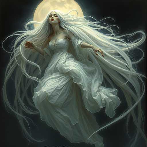 The image depicts a surreal, fantasy scene featuring a woman with extraordinarily long, flowing white hair that extends far beyond her body, creating an ethereal effect. She is dressed in a flowing, white gown that appears to be made of a sheer, gauzy material, adding to the dreamlike quality of the image. The woman is floating in mid-air, her arms outstretched to her sides, and her head tilted back, gazing upwards towards the sky. Her eyes are closed, and her lips are painted a striking red, enhancing her otherworldly appearance. The background is a dark, almost black sky, with a large, luminous yellow moon positioned directly behind her head, casting a soft glow over the scene. The overall composition and the woman's serene, almost transcendent pose evoke a sense of mystery and enchantment, reminiscent of a character from a fantasy novel or a fairy tale.