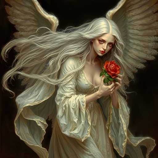 A woman with long white hair and wings is holding a red rose in her right hand while wearing a white dress. The background is dark and blurred, drawing focus on the woman and the rose.