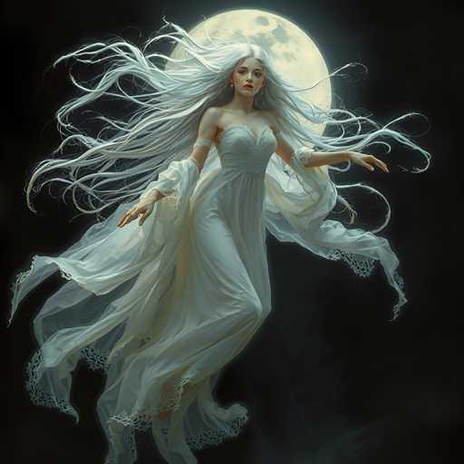 A woman with long white hair is depicted as a fairy floating in the air against a dark background. She is wearing a white dress and has her arms outstretched, creating an ethereal and dreamlike atmosphere. The image does not contain any discernible text or countable objects, making it a purely visual representation of the fairy's presence.
