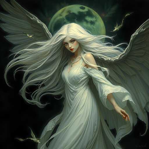 The image depicts a highly detailed, computer-generated fantasy scene featuring a young woman with long, flowing white hair and large, majestic white wings. She is dressed in a flowing white gown that drapes elegantly around her, with one strap off her shoulder. Her striking blue eyes and red lips stand out against her pale complexion. She wears a necklace with a prominent blue pendant. The background is a deep, dark night sky, illuminated by a large, greenish moon that casts a soft glow over the scene. Surrounding her are several small white bats, adding to the mystical atmosphere. The overall composition is reminiscent of a fantasy video game or a digital artwork, with a dark, ethereal ambiance.