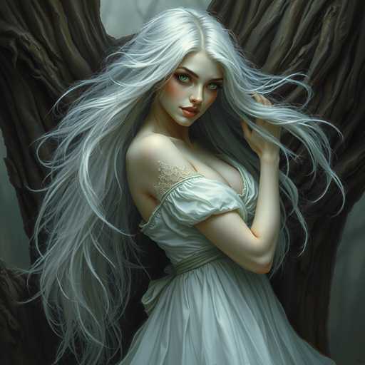 A woman with long white hair and green eyes is standing against a dark background that includes trees and branches. She is wearing a white dress and has her arm resting on her hip.