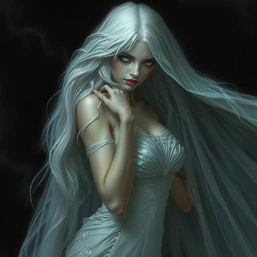 A woman with long blonde hair and green eyes is standing against a black background. She is wearing a white dress that has a train on it. The image does not contain any text or other objects.