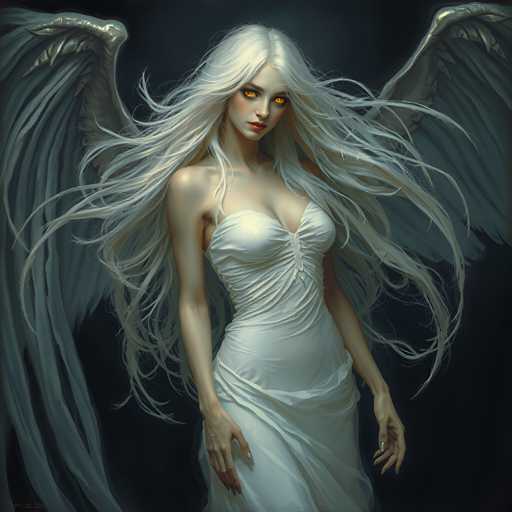 The image depicts a woman with long blonde hair and white wings, wearing a white dress that flows down to her feet. The background is dark, creating a stark contrast with the woman's features.