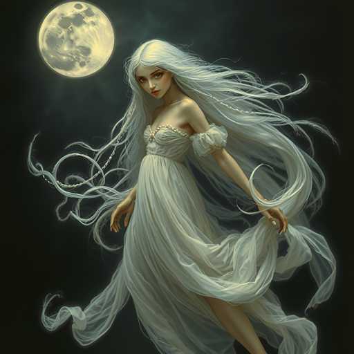 A woman with long white hair is depicted against a dark blue background, wearing a white dress and holding a crescent moon in her hand. The image also features a full moon visible in the top left corner.