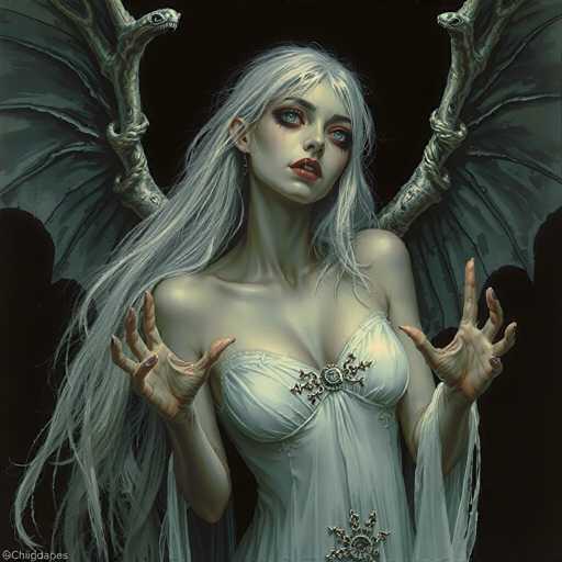 This image portrays a striking gothic-style character, possibly from a video game or a book. The character is a woman with long, flowing white hair that cascades down to her waist. Her pale skin contrasts sharply with her dark, dramatic makeup, which includes heavy black eyeliner and dark red lipstick. Her eyes are a mesmerizing blue, adding to her ethereal appearance.

She is dressed in a white gown adorned with intricate snowflake-like designs on the chest and hip areas. The gown features a low neckline, revealing her collarbone and shoulders. Her arms are bent at the elbows, with her hands raised in front of her chest, showcasing her long, slender fingers.

Adding to her otherworldly look are two large, bat-like wings extending from her back. These wings are dark gray with a webbed texture, and at their tips, there are menacing snake heads with sharp teeth. The background is a deep black, enhancing the character's dramatic and eerie presence.

In the bottom left corner of the image, there is a copyright symbol followed by the name "Chigdapes," likely indicating the artist or creator of this captivating artwork.
