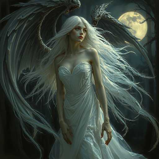 The image depicts a striking fantasy scene featuring a woman with long, flowing white hair that cascades down to her waist. She is adorned in a strapless, low-cut white dress that appears to be made of flowing fabric, possibly chiffon or organza, which billows around her as if caught in a gentle breeze. Her hair and dress seem to be animated by the wind, adding a dynamic element to the composition. The woman's face is turned to the right, her expression serene and contemplative, with her gaze directed off into the distance. 

Behind her, two majestic dragons with large, gray wings and long necks are visible. One dragon is positioned to her left, while the other is to her right, both appearing to be in flight. The backdrop features a dark, nighttime sky illuminated by a full moon, casting a soft glow over the scene. The moonlight highlights the woman's pale complexion and the ethereal quality of her attire. The overall atmosphere is one of mystery and enchantment, with the wind seemingly weaving through the woman's hair and dress, as well as the wings of the dragons, creating a harmonious blend of human and mythical elements.