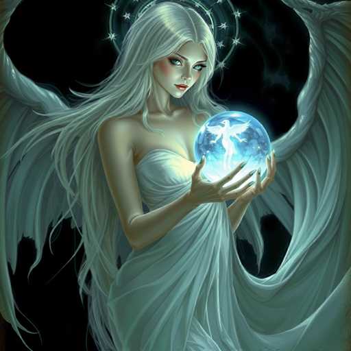 The image depicts a striking, computer-generated illustration of a young woman with long, flowing white hair and matching white wings. She is dressed in a strapless, white gown that drapes elegantly around her. The woman's blue eyes and red lips stand out against her pale complexion, and she has a halo of stars behind her head. She is holding a glowing crystal ball in her hands, which reflects her image and that of another angelic figure inside. The background is a deep black, enhancing the ethereal and mystical aura of the scene. The overall composition suggests she might be a celestial being, possibly an angel or a goddess, with a serene and powerful presence.