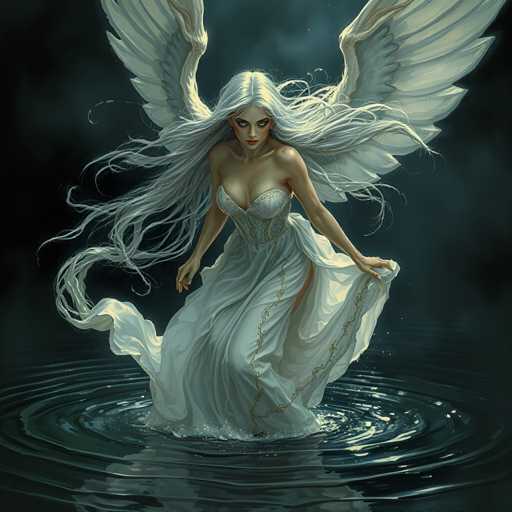 A woman with long white hair and wings is depicted standing on a body of water, wearing a white dress that flows around her as she moves through the water. The background is dark and blurred, creating an atmosphere of mystery and intrigue.