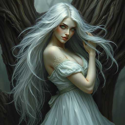 The image depicts a young woman with long, flowing white hair that cascades down her back, partially covering her left shoulder. She has striking green eyes, accentuated by black eyebrows and a touch of red lipstick. Her complexion is fair, and she wears a hint of blush on her cheeks. She is dressed in a white, off-the-shoulder dress that features intricate lace detailing around the neckline and a thin belt cinched at her waist. The dress has a low-cut front, revealing some cleavage. Her right arm is bent at the elbow, with her hand gently touching her hair. The background is a muted gray, with a large tree trunk visible behind her, adding a natural element to the scene. The overall composition is square, with the woman's face and upper body centered in the frame.
