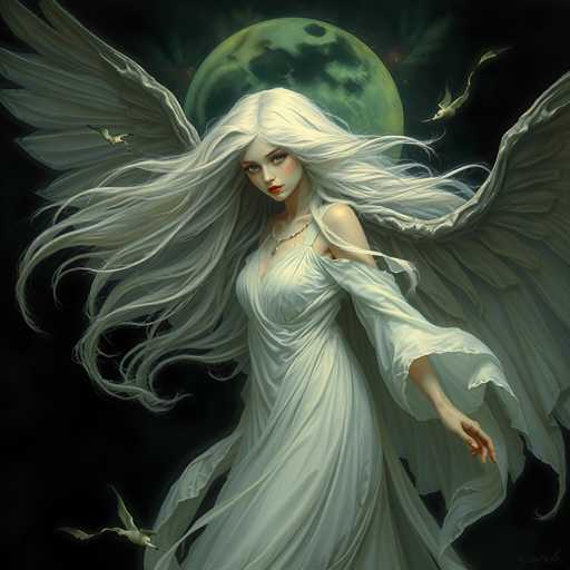 A white-haired woman with long hair is depicted as a fairy or angel standing against a dark background. She has her arms outstretched and is wearing a flowing white dress that billows in the wind. The wings of the woman are spread wide, adding to the ethereal quality of the scene. In the background, there's a full moon rising over a field with birds flying around it.
The image does not contain any discernible text or countable objects, and the woman is centrally located within the frame.
