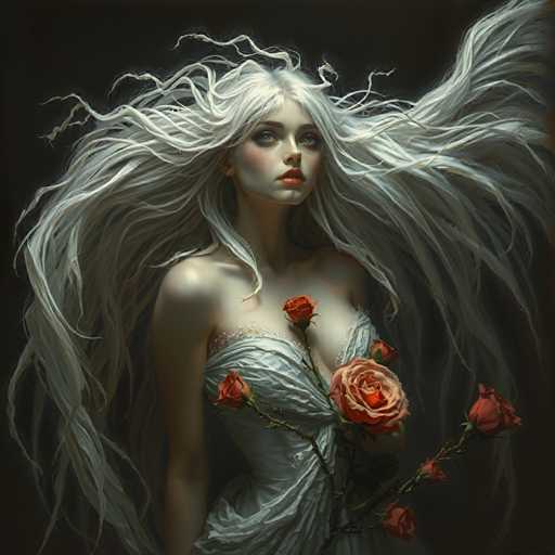 This image portrays a striking, ethereal woman with an otherworldly appearance. She has long, flowing white hair that cascades around her, giving her an almost angelic or ghostly aura. Her skin is pale and porcelain-like, accentuated by her vibrant red lips and the blush on her cheeks. Her eyes are a mesmerizing blue, gazing upwards as if lost in thought or a dream.

She is adorned in a white dress that reveals her shoulders and chest, with the fabric elegantly wrapped around her torso. The dress is detailed with delicate lace and adorned with red roses, which are scattered across her chest and arms. These roses add a touch of vibrant color to the otherwise monochromatic ensemble.

The background is a deep, dark gray, almost black, which contrasts sharply with her pale figure and flowing hair. The image is square in shape, focusing entirely on the woman from her head to her waist. The overall composition and the woman's serene, almost haunting expression create a captivating and mysterious atmosphere.