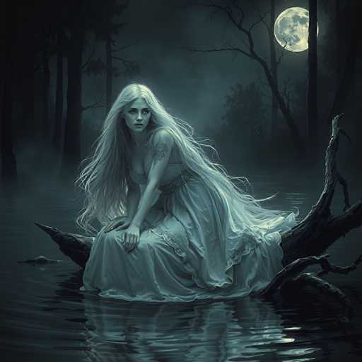 The image portrays a hauntingly beautiful young woman with long, flowing white hair, seated on a gnarled tree branch that emerges from a dark, reflective body of water. She wears a flowing white dress that cascades around her, blending seamlessly with her hair. Her expression is serene yet melancholic, with her gaze directed off to the right. A tattoo adorns her left shoulder, adding a touch of mystery to her ethereal appearance. The scene is bathed in the soft, silvery light of a full moon, which hangs low in the sky, casting a gentle glow over the misty, fog-laden landscape. Surrounding her are tall, dark trees that stand like silent sentinels, their branches reaching into the misty air. The overall atmosphere is one of eerie tranquility, with the woman's reflection shimmering in the water below, creating a mesmerizing and otherworldly tableau.