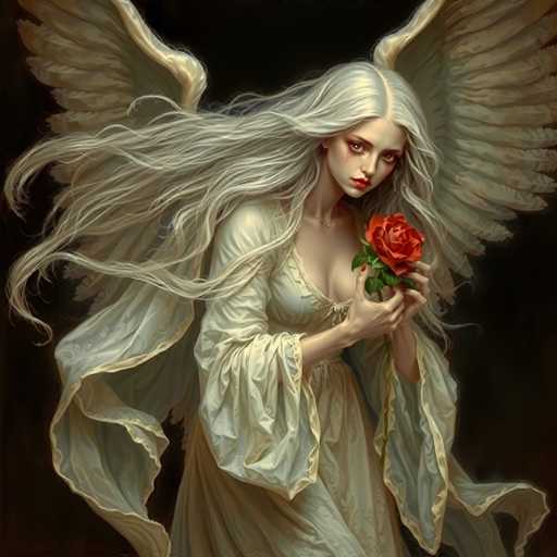 The image depicts a striking, ethereal woman with long, flowing white hair that cascades down her back and over her right shoulder. She has large, majestic white wings extending from her back, adding to her angelic appearance. Her skin is very pale, and she has a somber expression on her face, with red lips and red fingernails. A distinctive red streak runs from her left eye down to her cheek, resembling a tear. She is dressed in a flowing white gown with long sleeves that flare out at the wrists, and she holds a vibrant red rose in her hands. The background is a deep black, which contrasts sharply with her white attire and hair, enhancing the overall dramatic and haunting effect of the image.