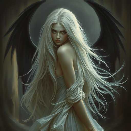 The image portrays a striking, computer-generated or AI-generated artwork of a young woman with long, flowing white hair that cascades down to her waist. She is dressed in a flowing white gown, with the fabric wrapped around her left arm, which hangs down by her side. Her head is turned over her right shoulder, gazing directly at the viewer with a serious expression. Her eyes are a vivid green, and she has full lips and a pointed nose, with her face adorned with red blush on her cheeks. Behind her, a pair of large, black wings extend outwards, adding a dramatic and ethereal quality to the scene. The background features a grayish circle, possibly representing the moon, set against a dark, shadowy backdrop that transitions from black to a lighter brown hue. The overall composition is highly detailed and realistic, capturing the viewer's attention with its intricate elements and the woman's intense gaze.