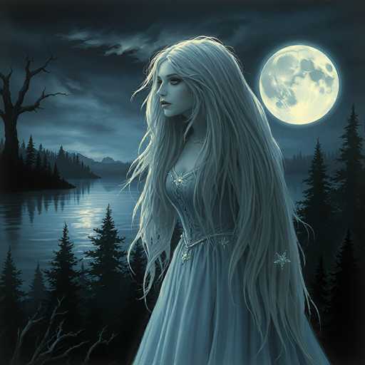 The image depicts a hauntingly beautiful young woman with long, flowing white hair cascading down to her waist. She is adorned in a flowing white dress that features intricate silver embellishments, including a prominent silver belt and a star-shaped brooch on her chest. Her striking blue eyes and red lips add to her ethereal appearance. The scene is set at night, with a full moon casting a soft glow behind her, illuminating her hair and the surrounding landscape. She stands in front of a serene lake, surrounded by tall pine trees and a barren tree to her left. The dark sky is filled with clouds, adding to the mysterious and enchanting atmosphere of the scene.