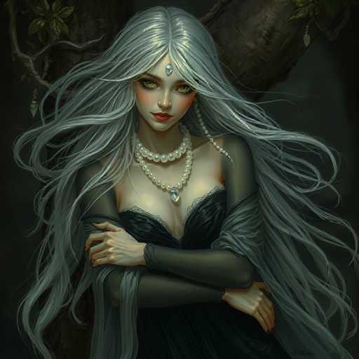 This detailed illustration depicts a young woman with long, flowing gray hair that cascades down to her waist. She has striking green eyes and wears a black dress with sheer sleeves, complemented by a gray shawl draped over her arms. Her attire is adorned with two strands of pearls around her neck, and a prominent crystal or jewel rests on her forehead. The woman's expression is serious, with her arms crossed in front of her chest, and she gazes directly at the viewer. The background features a dark, almost black sky, with a large tree trunk and some green leaves visible in the upper corners, adding a touch of nature to the scene. The overall composition is square, with the woman's figure centrally positioned, creating a captivating and somewhat mysterious atmosphere.