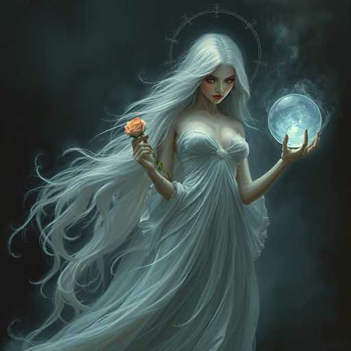 The image depicts a striking, ethereal woman with long, flowing white hair that cascades down to her waist. She is adorned in a flowing, white dress that complements her pale complexion. Her eyes are accentuated with red eyeshadow, and her lips are painted a vivid red, adding to her otherworldly appearance. 

In her right hand, she holds a delicate pink rose, while her left hand cradles a glowing crystal ball that emits a soft light, surrounded by wisps of smoke. Above her head, a circular halo with intricate symbols adds a mystical aura to her presence. The background is a deep, dark gray, almost black, which contrasts sharply with her luminous figure, enhancing the overall sense of mystery and enchantment.