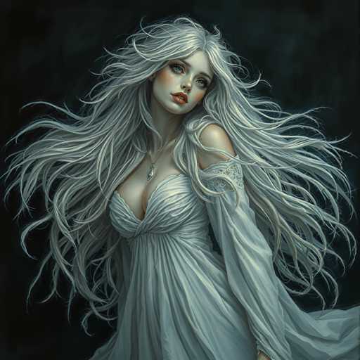 A woman with long blonde hair is the central figure in this digital illustration. She is wearing a white dress and has her hair styled in loose waves that fall over her shoulders. The background of the image is dark blue, providing a stark contrast to the woman's features. There are no other discernible texts or objects present in the image.