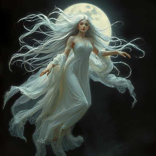 This image depicts a young woman with long, flowing white hair that appears to be blowing in the wind. She is dressed in a flowing white gown that features a sweetheart neckline and a lace bodice. The dress has long sleeves that are slightly puffy at the shoulders and extend to her wrists, where they become more flowing and lacy. The gown also has a high slit on the left side, revealing her leg. She is adorned with a bracelet on her right arm and a gold bracelet on her left wrist. Her expression is serious, and she wears red lipstick. The background is a dark night sky with a large, full moon positioned behind her head, casting a soft glow. The overall scene has a mystical, ethereal quality, reminiscent of a fairy or a character from a fantasy world.