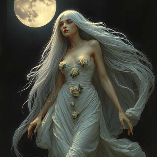 This image portrays a striking, ethereal woman with long, flowing white hair that cascades down to her waist, almost blending into the dark background. She is adorned in a flowing white dress that reveals her shoulders and chest, with the fabric elegantly draped around her. The dress is embellished with a series of white roses, each accompanied by green leaves, running down the front from her chest to her knees. Her arms are extended to her sides, and her hands rest gently at her hips. The woman's face is illuminated by the soft glow of a full moon positioned in the upper left corner of the image, casting a gentle light on her pale skin and vibrant red lips. Her expression is serene, with her eyes open and gazing slightly to the left. The overall scene exudes a mystical, dreamlike quality, enhanced by the contrast of the white elements against the dark, almost black background.
