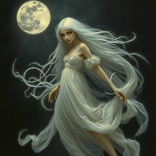 The image depicts a young woman with long, flowing white hair that appears to be blowing in the wind. She is wearing a sheer, white dress that reveals her left leg and features puffy sleeves that extend to her elbows. The dress is adorned with a string of pearls around her chest, adding an elegant touch. Her hair is so extensive that it trails behind her, creating a dynamic sense of movement. The background is predominantly black, with a large, luminous full moon in the upper left corner, casting a soft glow over the scene. The woman's face is turned towards the viewer, with her head slightly tilted to the left, and she has a subtle smile. Her skin is fair, and she has brown eyes, red lips, and a hint of blush on her cheeks. The overall composition gives the impression of a mystical or ethereal figure, possibly a fairy or a moon goddess, captured in a moment of serene beauty.