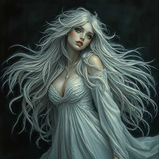 The image depicts a highly detailed, computer-generated or AI-generated artwork of a young woman with long, flowing white hair that cascades down to her waist, almost reaching her knees. She is dressed in an elegant, white gown that features a deep V-neckline, revealing a significant amount of cleavage. The dress is form-fitting around her chest and waist, with a flowing skirt that extends to the bottom of the image. The gown's sleeves are long and loose, with intricate lace detailing at the shoulders. Around her neck, she wears a silver necklace adorned with a teardrop-shaped pendant. The woman's face is striking, with bright blue eyes, red lips, and a touch of blush on her cheeks. She is looking slightly to the right, with her head tilted in that direction. The background is a solid black, which accentuates the ethereal and almost otherworldly appearance of the figure. The overall composition and intricate details suggest that this is a sophisticated piece of digital art.