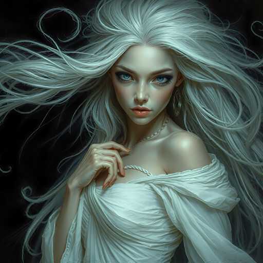 This image is a highly detailed, computer-generated artwork of a young woman, likely in her late teens or early twenties. She has long, flowing, white hair that cascades down her back, with some strands appearing almost blue. Her hair is wavy and slightly wild, with a few loose strands framing her face. The woman's complexion is very pale, almost porcelain-like, with a hint of blue undertones. Her striking blue eyes are accentuated by dark, smoky eye makeup, and she has full, pink lips that are slightly parted, revealing a glimpse of her teeth. She is adorned with a delicate silver necklace that drapes elegantly over her chest, and she wears large, silver hoop earrings. Her attire is a white, off-the-shoulder dress with a fitted bodice and flowing sleeves. The dress is slightly low-cut, revealing her bare shoulders. She has one hand raised, with her fingers gently touching the fabric of her dress, adding a touch of grace to her pose. The background is a solid black, which makes the intricate details of her appearance stand out even more vividly.