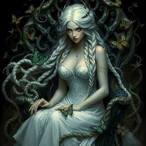 The image depicts a highly detailed, computer-generated illustration of a young woman with long, white hair styled in multiple braids. She is seated on a dark, ornate throne that appears to be made of twisted metal or wood, adorned with intricate vines and branches. The woman has striking green eyes, red lips, and a pale complexion. She wears a white corset with a low neckline, complemented by a long white skirt. A silver necklace with a small pendant adorns her neck, and a silver armband encircles her upper arm. Her nails are painted green, and a butterfly rests on her left hand. The throne is surrounded by numerous butterflies in shades of green, yellow, and orange, adding to the ethereal atmosphere of the scene.