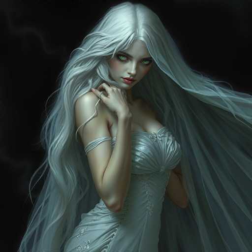 This image features a striking, computer-generated portrayal of a woman with long, flowing white hair that cascades down to her waist. She is dressed in an elegant, strapless white gown adorned with intricate silver beading and lace details, which accentuates her figure. The gown includes a delicate band that wraps around her upper arm, adding to its sophistication. Her pose is graceful, with her right hand gently touching her hair, while her left arm is positioned behind her back. The woman's captivating green eyes and red lips stand out against her pale complexion, and she wears a ring on her right hand. The background is a deep black, which enhances the ethereal quality of her white attire and hair, making her appear almost ghostly. The overall effect is a mesmerizing blend of beauty and mystique, reminiscent of a character from a fantasy or horror story.