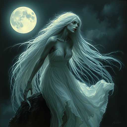 The image depicts a striking, computer-generated scene of a woman with long, flowing white hair that cascades down to her waist, almost reaching her knees. She is dressed in a flowing white gown that reveals her shoulders and chest, with the fabric billowing in the wind. The woman stands on a dark, rocky outcrop, her right hand gripping the rock as she gazes intently into the distance. Her lips are painted a vivid red, and her eyes are dark, adding to her ethereal appearance. The background features a dark, cloudy night sky with a large, luminous moon in the upper left corner, casting a soft glow over the scene. The overall color palette is dominated by shades of white, gray, and black, enhancing the mystical and otherworldly atmosphere of the image.