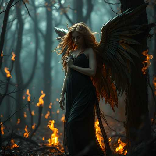 In this captivating fantasy image, a young woman with long, flowing red hair stands gracefully in the center of a dense forest. She is adorned in a sleek, black dress that accentuates her elegant figure. Her striking, large black wings extend majestically from her back, adding an ethereal quality to her presence. The woman's right hand is gently placed over her heart, while her left arm rests by her side. Her eyes are cast downward, giving her a contemplative and serene expression.

The forest around her is alive with an enchanting glow, as numerous small fires flicker and dance along the forest floor and among the trees. The ground is strewn with leaves, twigs, and branches, contributing to the natural, untamed beauty of the scene. The background is slightly blurred, drawing focus to the woman while still revealing the depth and mystery of the forest. The overall atmosphere is one of tranquility and wonder, perfectly capturing the essence of a magical woodland realm.