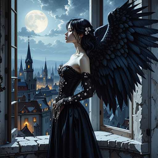 The image depicts a young woman with long, dark hair adorned with white flowers, standing in a large, open window of an old stone building. She is wearing a black dress with intricate white floral patterns and black gloves that extend up to her biceps. Her striking black wings, detailed with feathers, extend from her back. The woman is gazing out at a nighttime cityscape, where the moonlight illuminates the scene, casting a soft glow on the buildings below. The cityscape features a mix of structures, including a prominent church steeple and various other buildings, all with lit windows that contribute to the serene yet mysterious atmosphere. The sky is a blend of blue and gray hues, with clouds partially obscuring the moon, adding to the ethereal quality of the image.