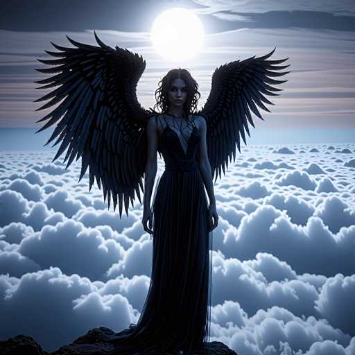 In this captivating image, a woman stands majestically atop a rocky outcrop, her long, flowing black dress cascading down to the ground. She has large, striking black wings that extend from her back, adding an ethereal quality to her presence. Her dark hair is styled in a way that frames her face, which is adorned with a serious expression. Behind her, the sky is filled with a dense layer of clouds, creating a dramatic backdrop. Above her head, a bright, full moon casts a soft glow, illuminating the scene with a mystical light. The overall composition exudes a sense of otherworldly beauty and tranquility.